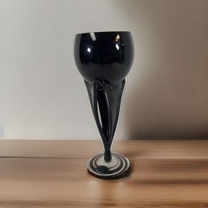 Jozefina Krosno Art Glass Black Swirl Stemmed Goblet Candle Holder Poland Vtg 9”